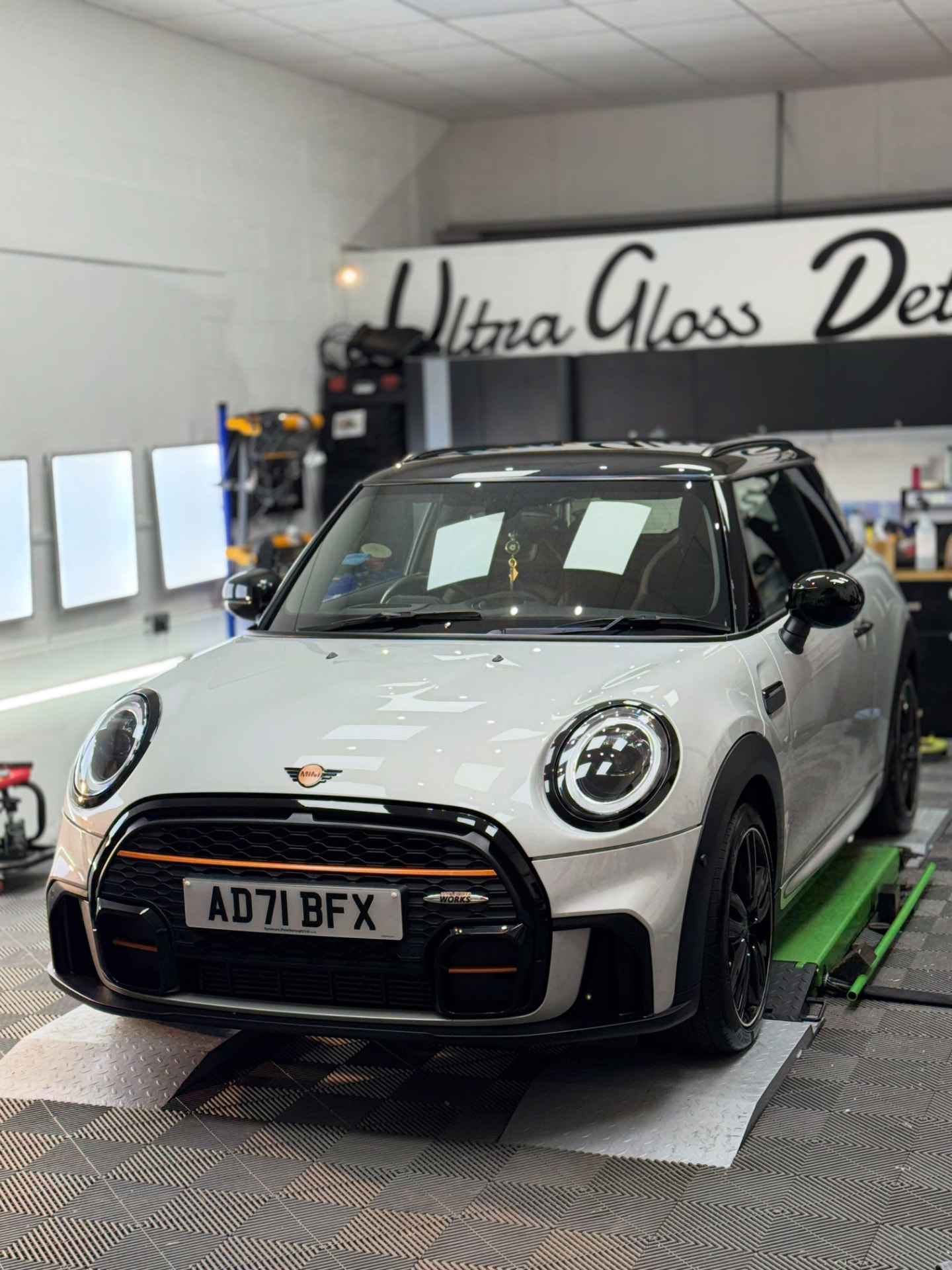 MINI on the lift in the Ultra Gloss detailing studio